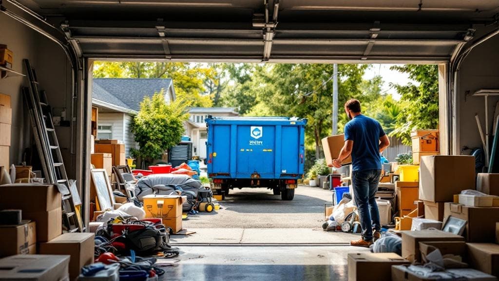 Garage cleanout in progress with dumpster in driveway
