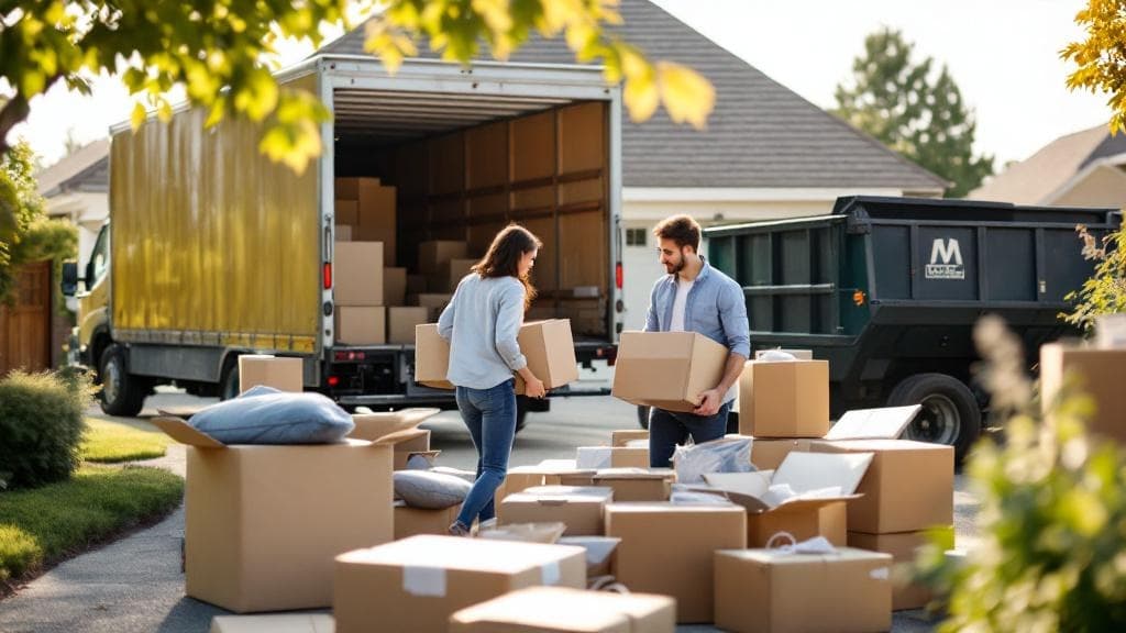 Moving day with dumpster and moving truck in driveway
