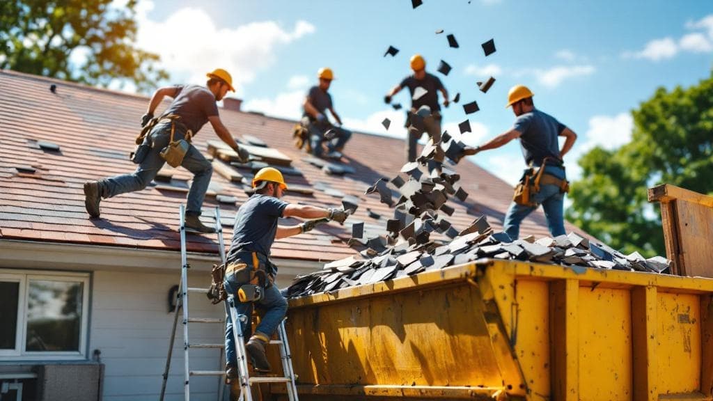 Roofing project with shingles being loaded into dumpster
