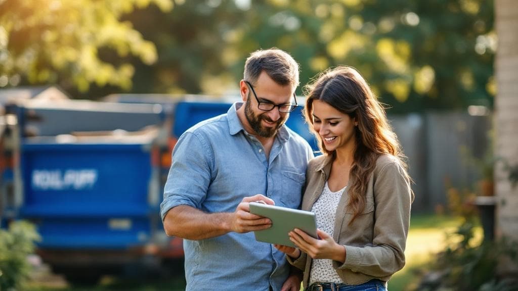 Homeowners researching dumpster rental options