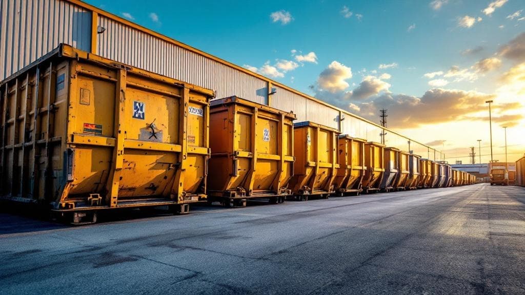 Multiple dumpster sizes lined up at a waste management facility